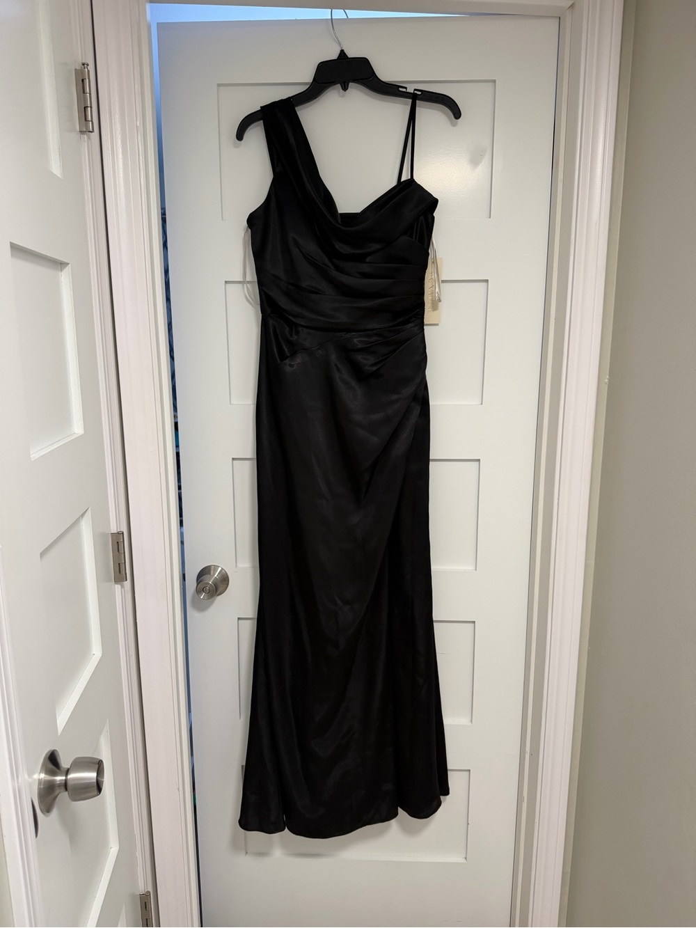 One-Shoulder Black Satin Evening Gown